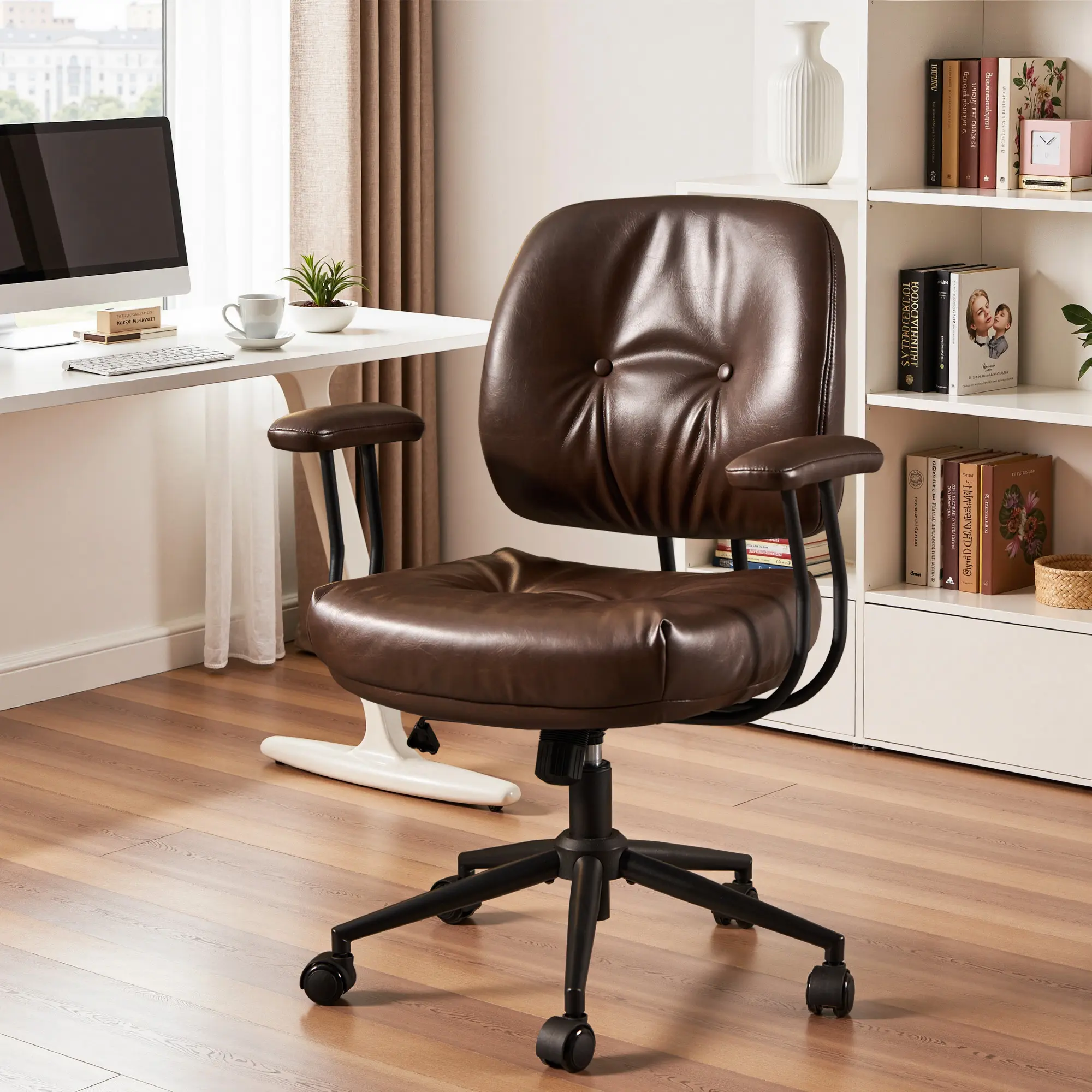 CAODOC Modern Desk Chairs With wheels and Adjustable Backrest,Comfortable Synthetic Leather Office Chair with Armrests and Swivel Base for Home and Office Use,Meeting Room Chairs