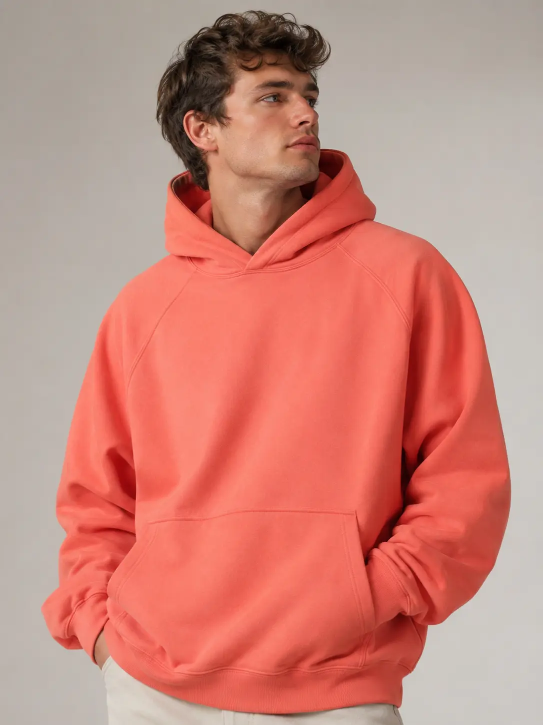 Coral Men's Cotton Hoodie - Loose Fit Pullover, Drop Shoulders, Long Sleeve, Kangaroo Pocket, Casual Cold Wash Sweatshirt, Tops, Menswear, Plain, Longsleeves
