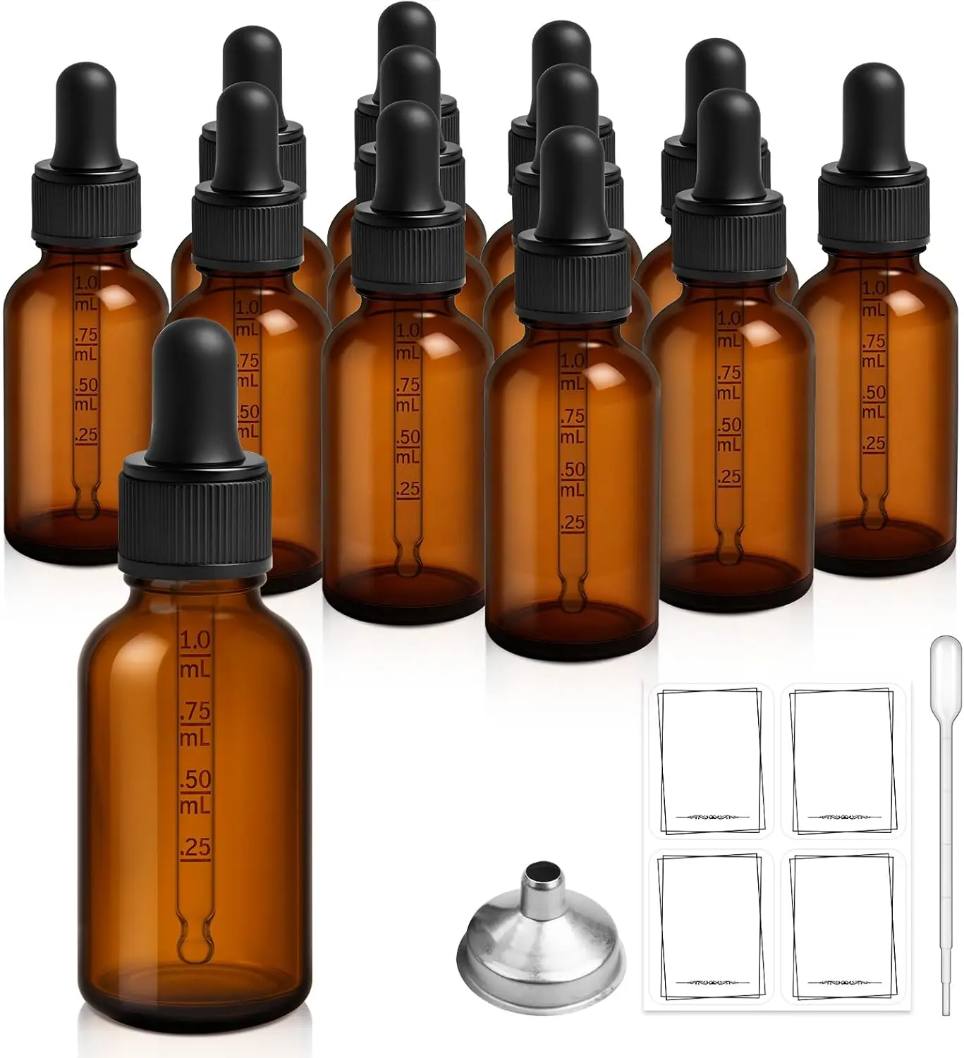 Halloween Fall Gift 12 Pack, 1 oz Tincture Bottles with Dropper, Amber Glass Dropper Bottle Leakproof with Stainless Steel Funnel, Pipettes & Labels, 30 ml Eye Dropper Bottles For Essential Oils Serums Hair Body Oils