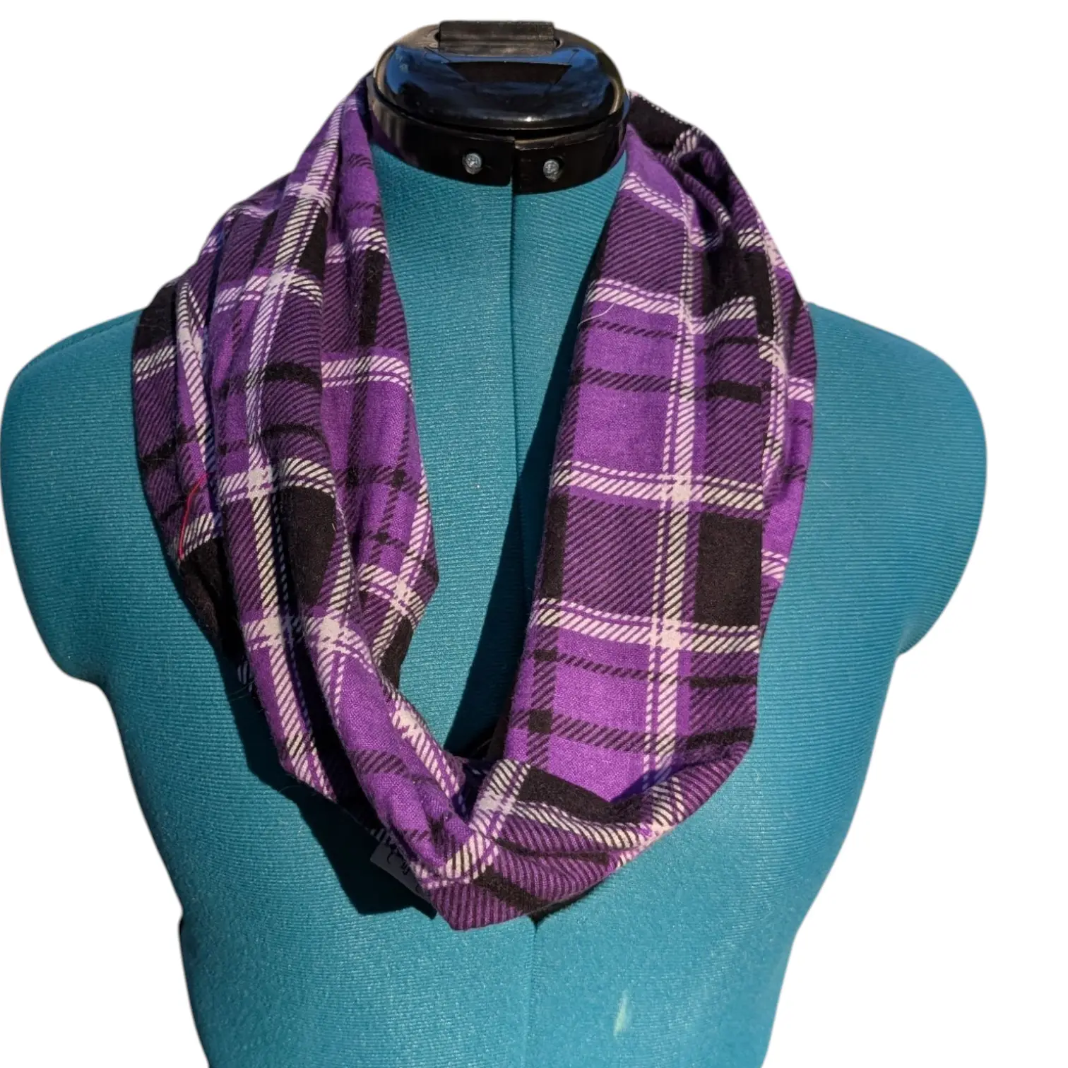 Purple Plaid flannel full pocket Infinity Scarf with hidden snack pocket, 100% cotton
