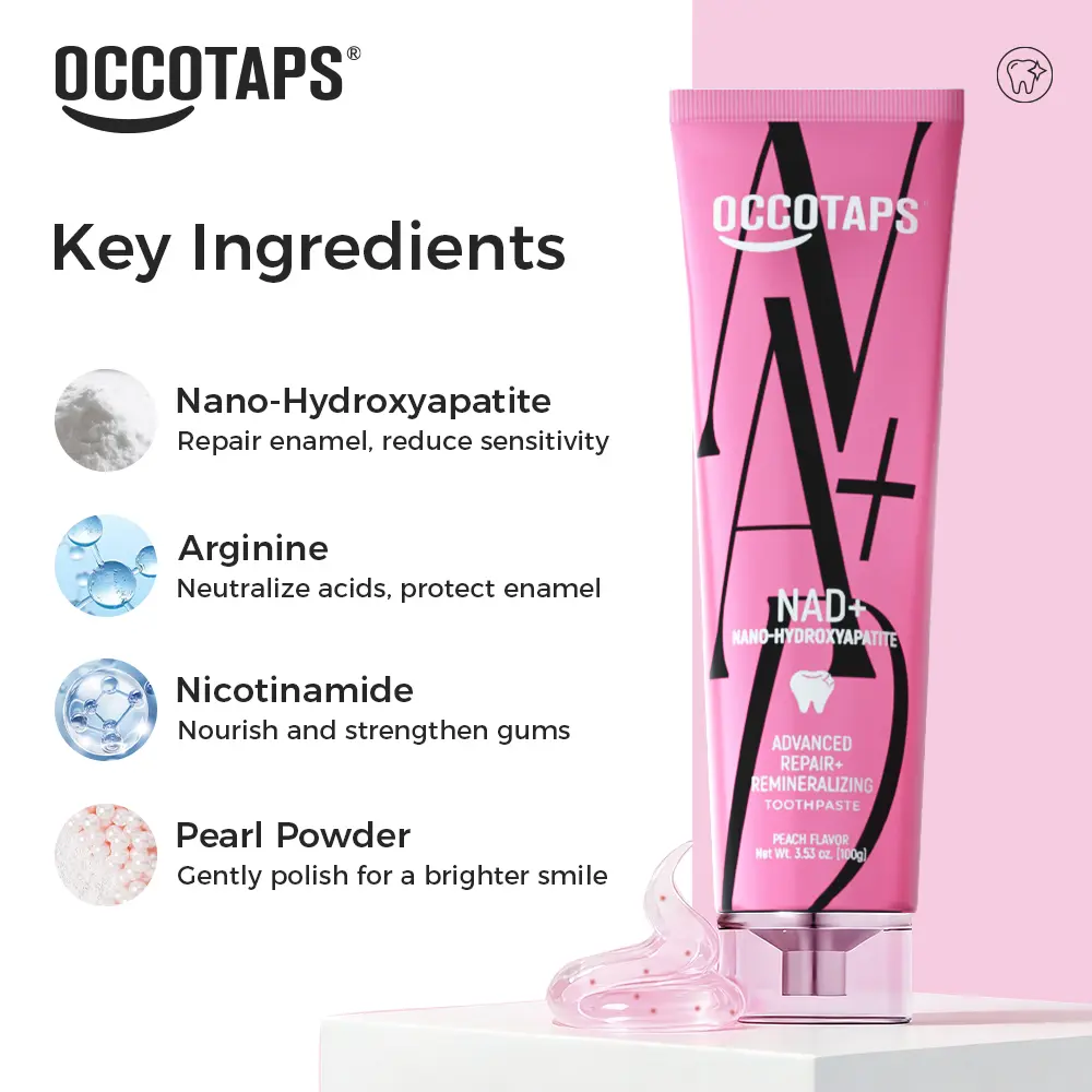 OCCOTAPS Nano Hydroxyapatite Toothpaste | Peach Flavor | Gum Protection & Enamel Repair| NAD+| Brighten Teeth | Fluoride-Free