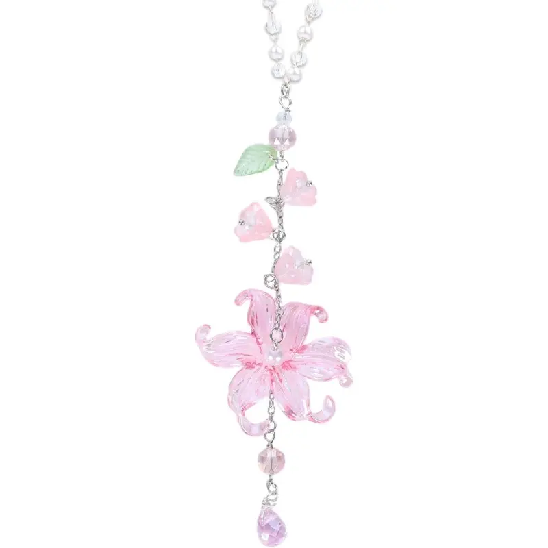 Lily-Of-The-Valley Car Hanging Decor, Lotus Crystal Sun Catcher, Resin Flower Bead Car Interior Ornament, Unisex Rearview Mirror Decoration