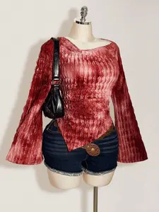 HANNA x  ICON Fall Women's Plus Size Western Boho Vintage Goth Off Shoulder Going Out Tie-Dye Print Asymmetric Hem Long Sleeve Flare Sleeve Fashion T-Shirt