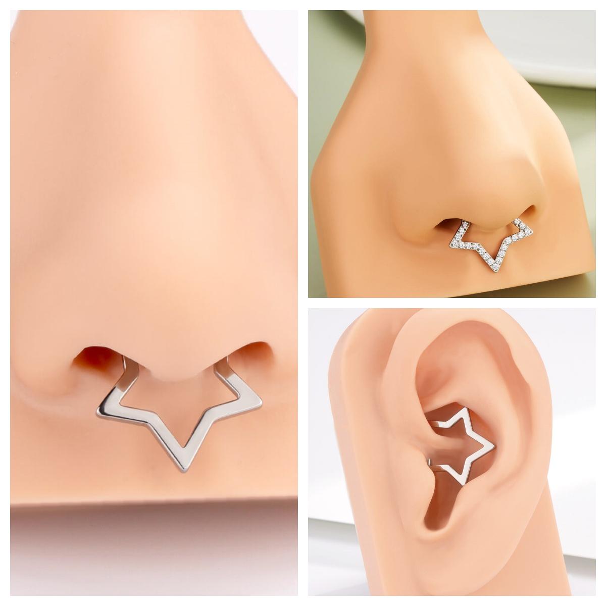 Oufer 16G/14G Titanium Chunky Star Clicker Nose Septum Daith Piercing Ring in Silver Gold Black 8mm Inner Diameter Basic Versatile Design Comfortable Safe for Daily Wear