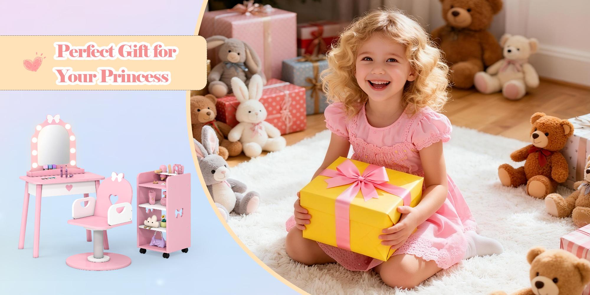 Kids Vanity with Lights, Kids Vanity Set with Barber Chair and Storage Cabinet, Makeup Dressing up Salon Play Set 7 Pcs, Pink