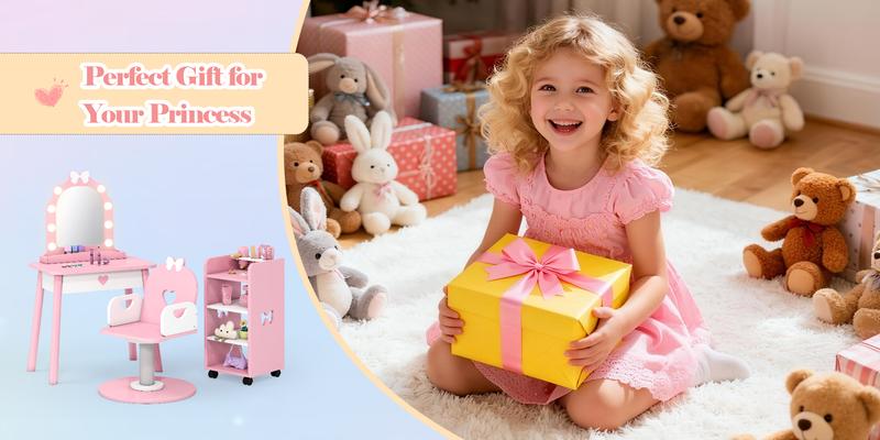 Kids Vanity with Lights, Kids Vanity Set with Barber Chair and Storage Cabinet, Makeup Dressing up Salon Play Set 7 Pcs, Pink