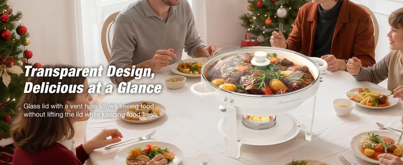 WARMOUNTS 5QT White Chafing Dishes for Buffet with Glass Lid 2/4 Pack, Maifanite-Coated Round Chafing Dish Set w/Mirror-Polished Stainless Steel Rolled Rim, Stackable, Lid Holder for Party, Wedding