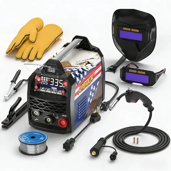 ANDELI 135A MIG Welder,110V/220V [Large LED Display] 3-in-1 Welder Flux Core MIG/Lift Tig/Stick Multiprocess Gasless MIG Welding Machine with Synergy，2T/4T Full Kit (Bonus Welding Helmet & Gloves)
