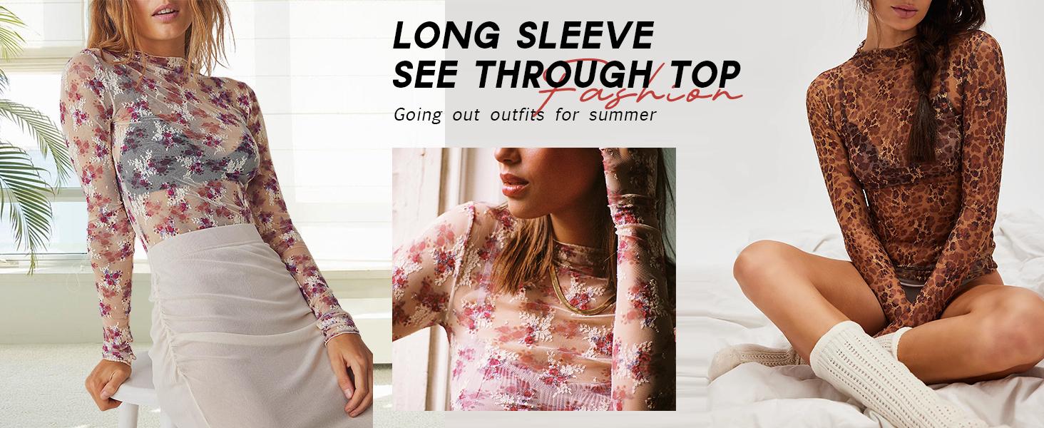 UANEO Women's Mesh Top Lace Spring Long Sleeve Floral Shirts Slim Fitted Outfits Blouse Sheer Mesh Mock Neck Summer Layering Top Womenswear Turtleneck