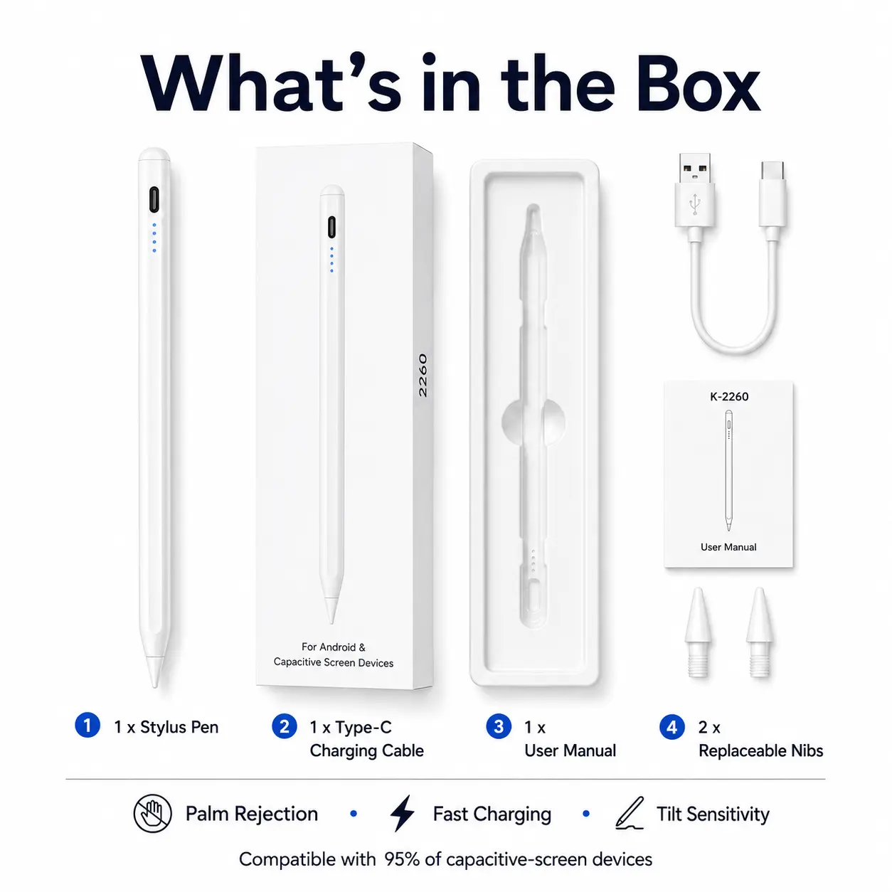 Universal Stylus Pen Model 2260 for Android, Palm Rejection Fast Charging Capacitive Pencil, Tilt Sensitivity Touch Screen Pen Works with 95% Capacitive Screen Devices