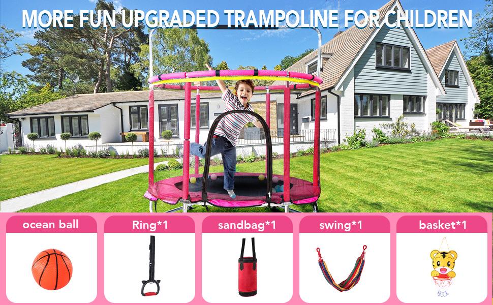 Trampoline for Kids,Trampoline ASTM Approved 55'' Mini Trampoline with Safety Enclosure Net, No-Gap Safe Design, Easy to Assemble 4.6 Ft Outdoor Indoor Trampoline,Swing,Sandbag,Ring,Ocean Balls, Small Trampoline Gift for boys girls