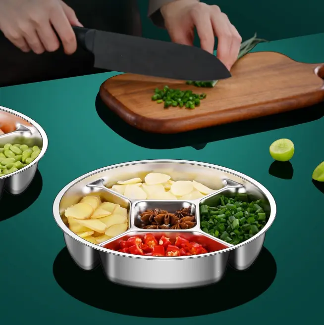 5-Compartment 304 Stainless Steel Divided Serving Tray, Round Separate Food Tray for Meal Prep, Hot Pot Side Dishes, Fruit & Snack