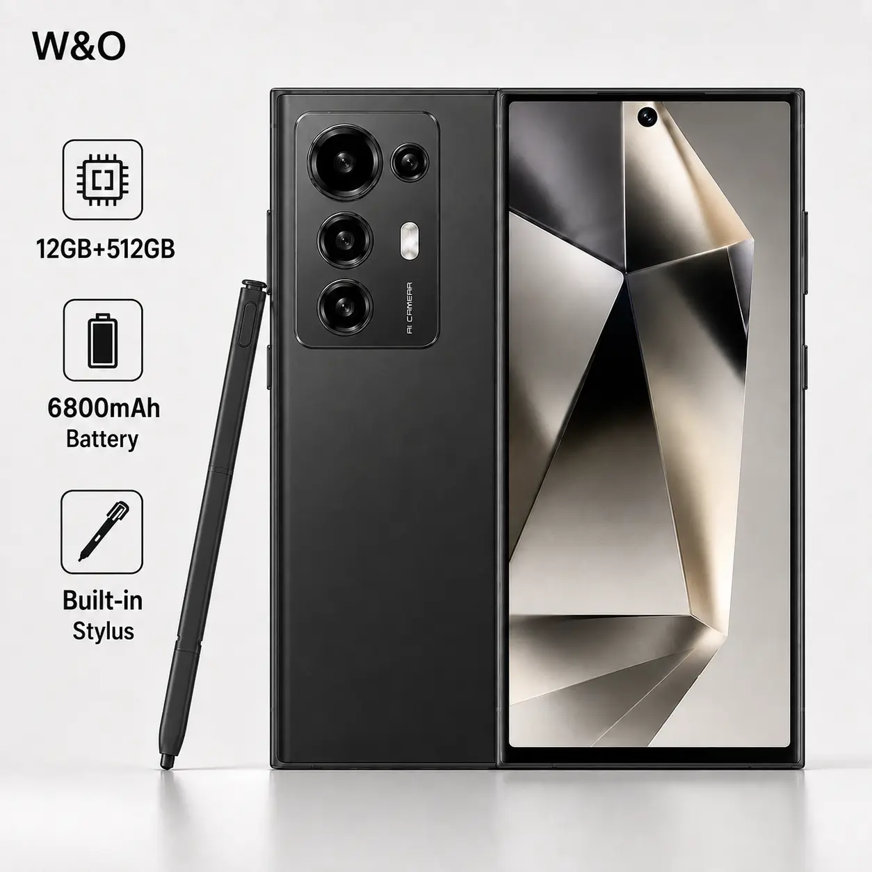 W&O Smartphone, 12GB+512GB, 6.8-Inch HD Display, 6800mAh Battery, Built-in Stylus, Android 14, 50MP Camera, Octa-Core, Dual SIM Card Fingerprint Rear Memory Metallic Navigation Retractable Screen Streaming
