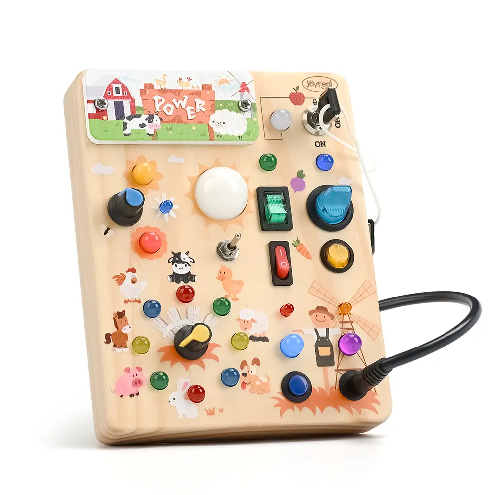 Joyreal Montessori Sensory Busy Board, Square-Shaped Wooden Busy Board with LED Light Up Switches,  Portable Learning Kids Toys,Christmas Gifts Ideas, #backtoschool