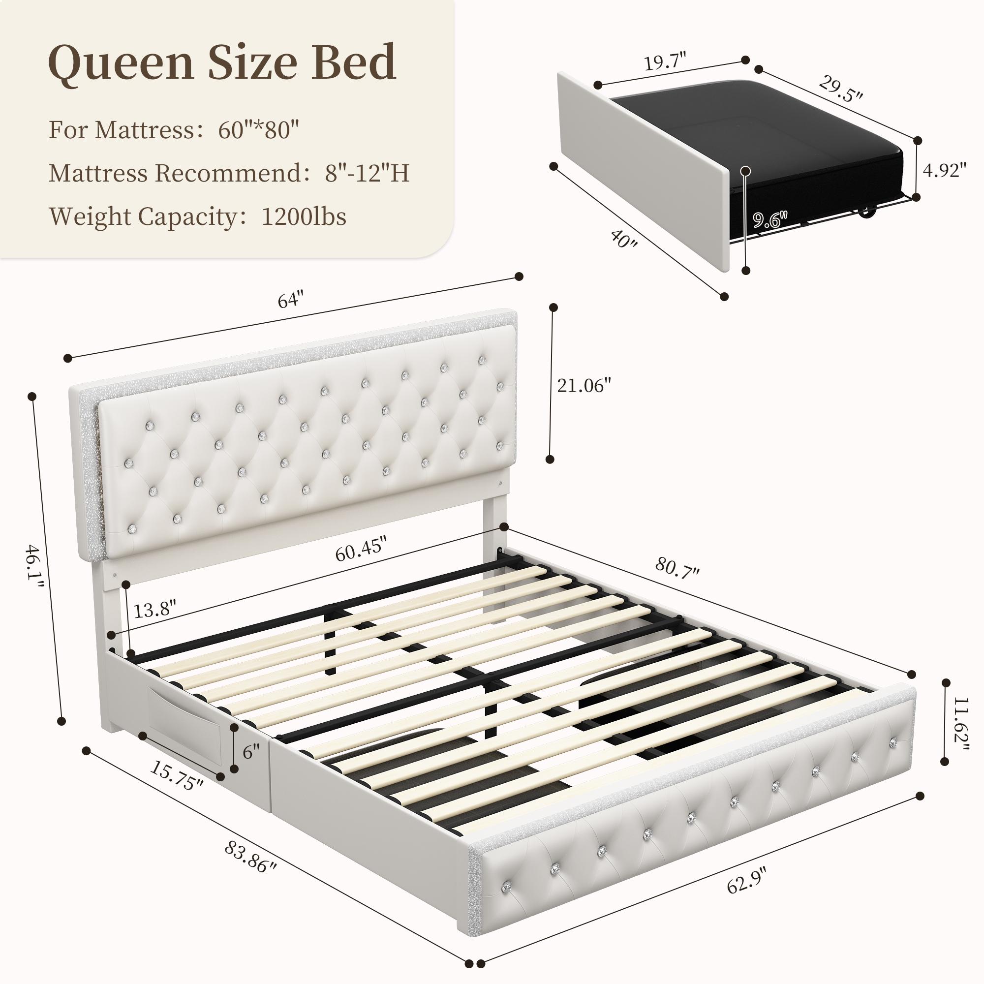 Sibeds Queen Size Bed Frame with Storage Shelf, Storage Drawers and LED Lights, Upholstered Platform Bed with Adjustable Headboard and PU Velvet, No Box Spring Needed, Noise-Free, Easy Assembly