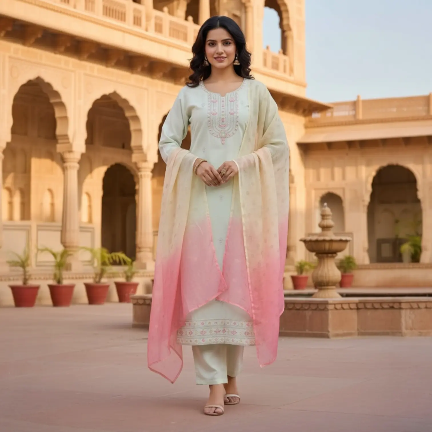 Embroidered straight kurta 3 piece set Embroidered straight kurta 3 piece set