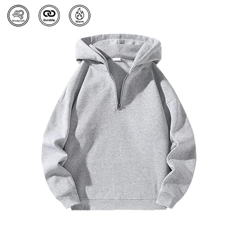 Men’s solid-color two-piece athletic tracksuit set featuring a regular fit: a casual off-shoulder half-zip hooded sweatshirt and drawstring jogger pants with pockets. Fleece lining for warmth, suitable for autumn and winter, ideal for everyday wear and wo