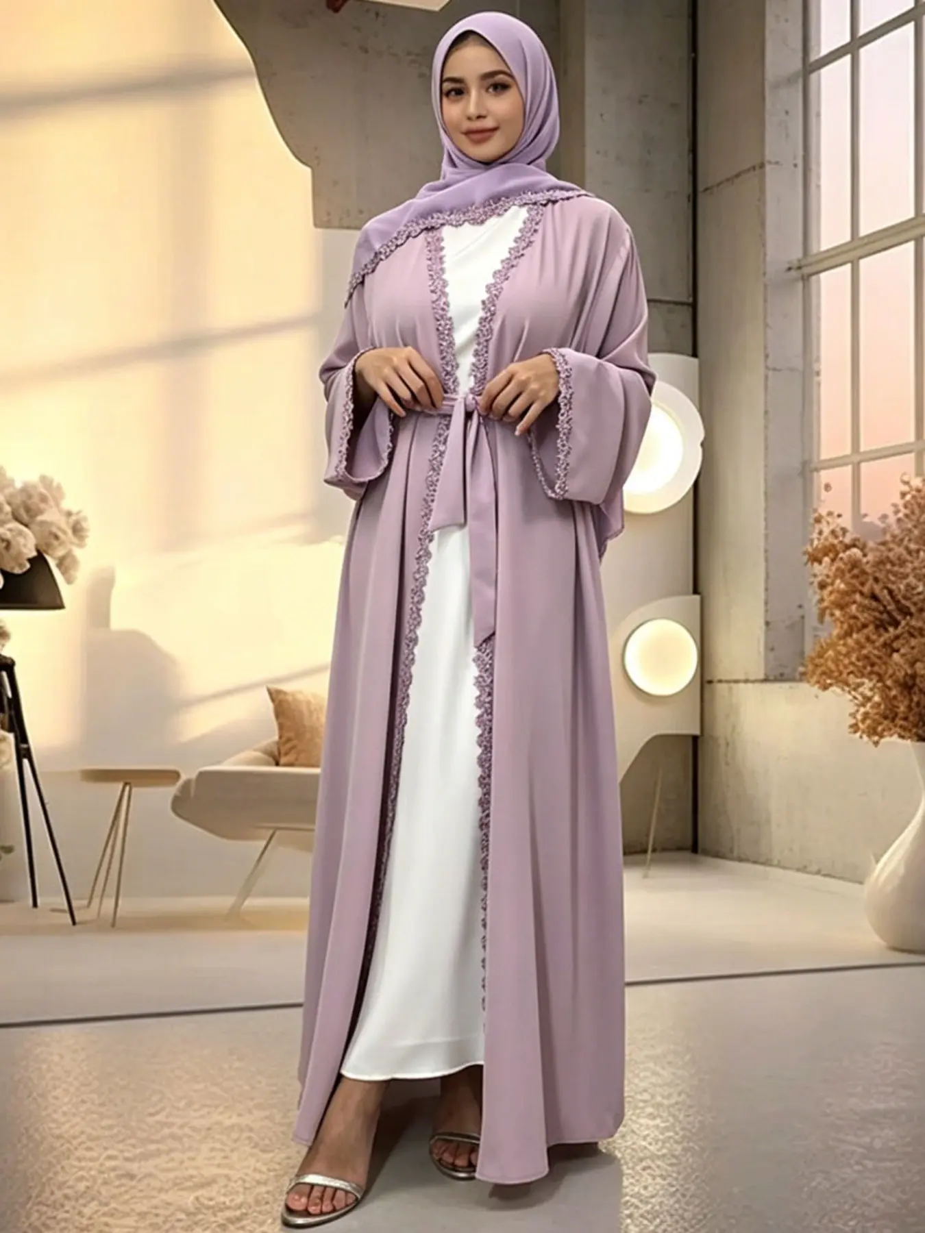 Fashion Nida Material Muslim Abaya, Islamic Abaya Dress, Muslim Dresses, Modesty Muslim Clothing, Islamic Modesty Clothes, Long Fitted Robe with Belt and Pockets, Elegant Trimmed Design, All Seasons Wear