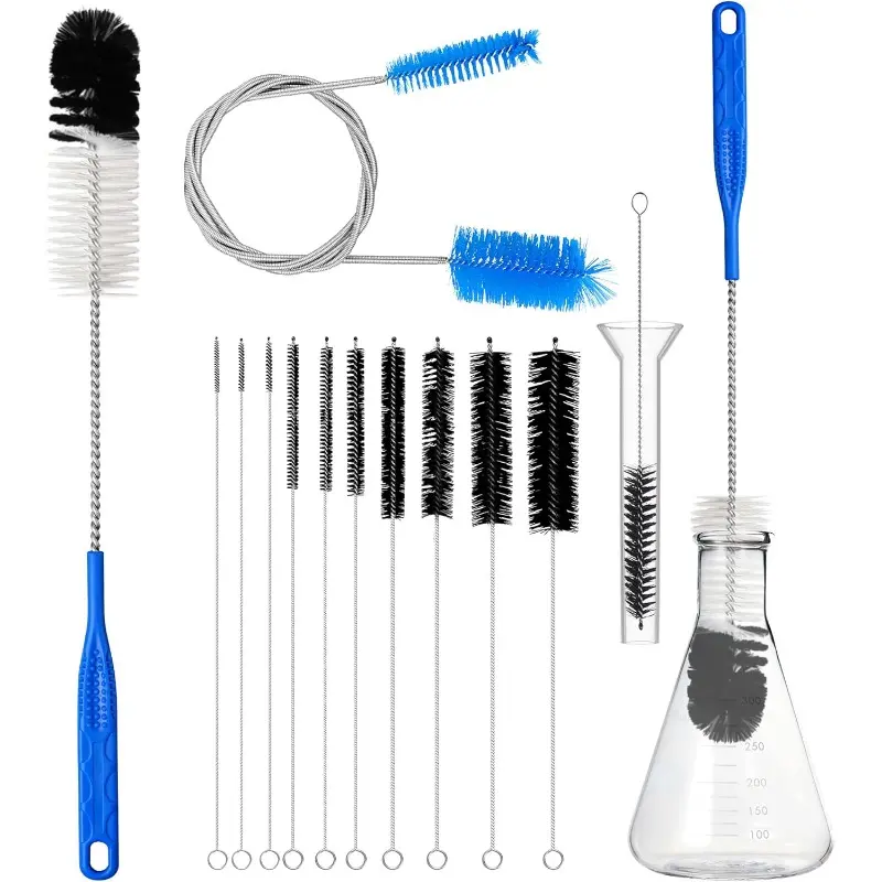 12pcs Tube Pipe Cleaners Brush Kit - 17-inch Long Handle, 8.2-in Varied Diameters, 35-inch Flexible Double-Ended Hose Tool for Glass Funnels & Bottles (Blue), 17-Inch Long Handle Brush
