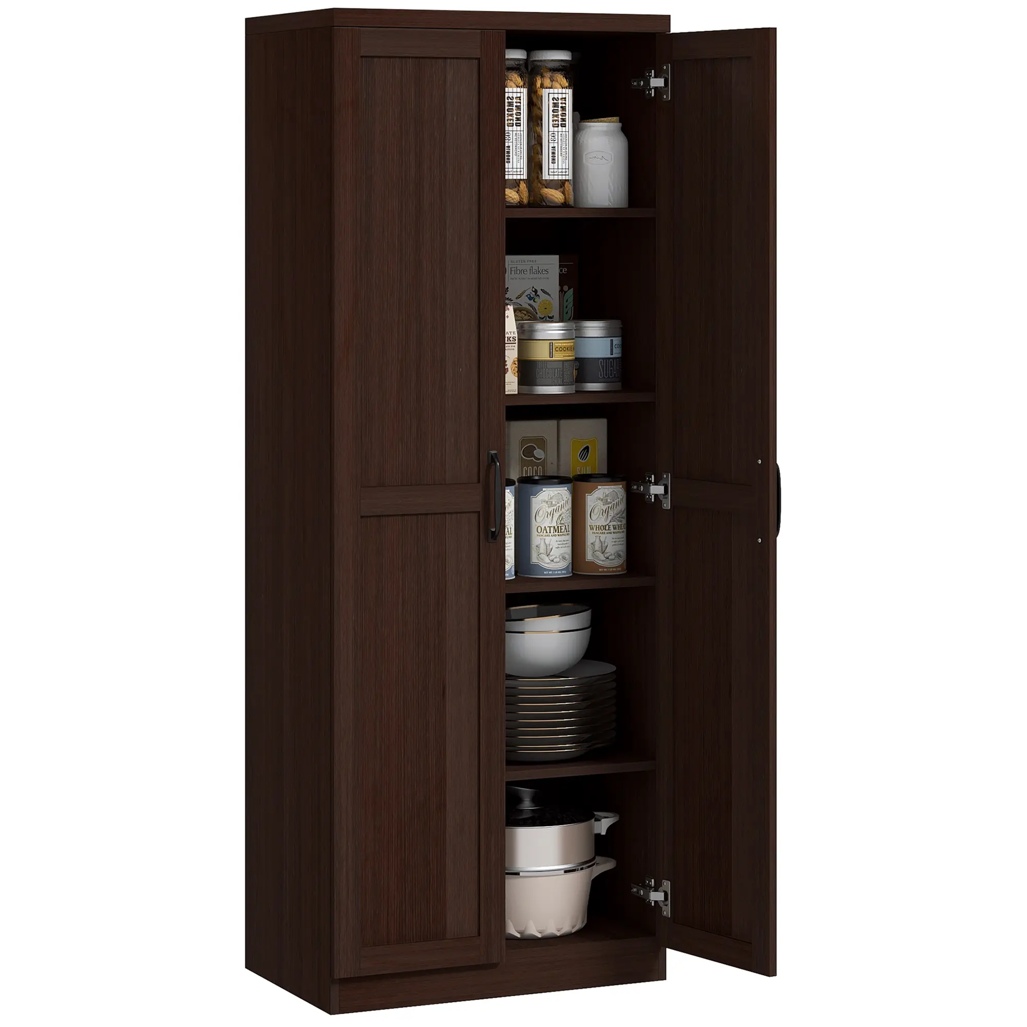 63" 2-Door Kitchen Pantry – Cinnamon Cherry Wood Grain. Freestanding Cabinet with 2 Adjustable Shelves for Dining Room. 23.5"W x 15.75"D x 63"H
