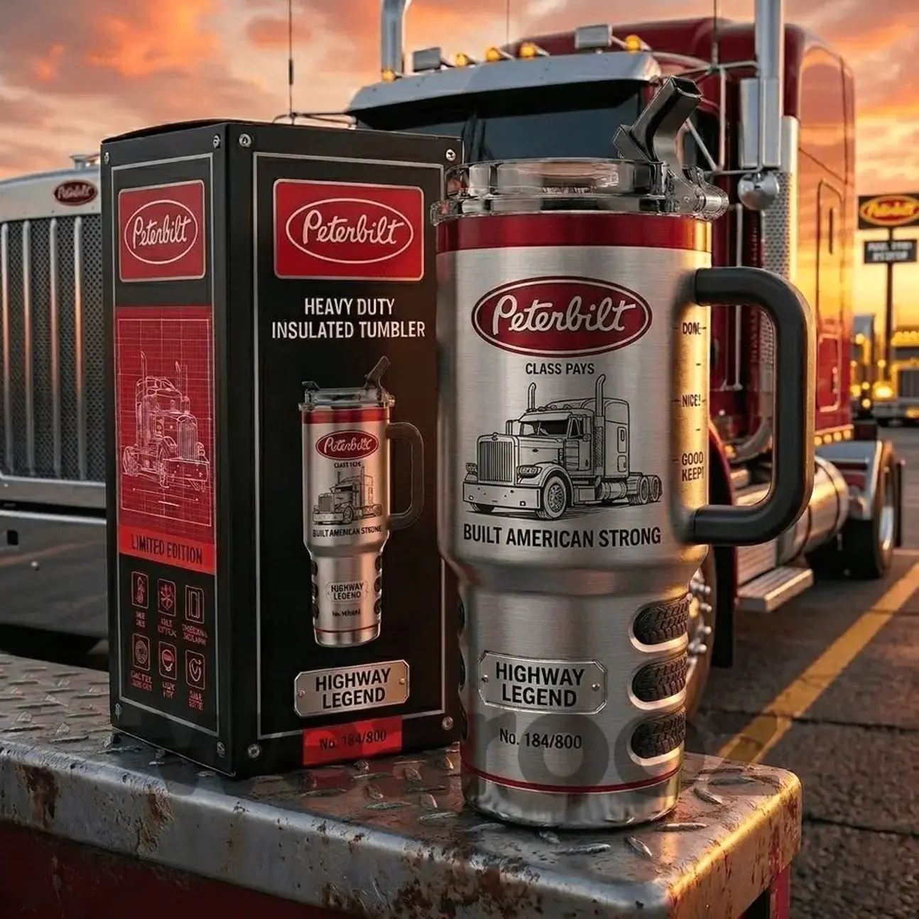 Peterbilt Highway Legend 40oz Tumbler With Handle, Premium Vacuum Insulated Stainless Steel Travel Mug, Heavy Duty Truck Collector's Edition Gift