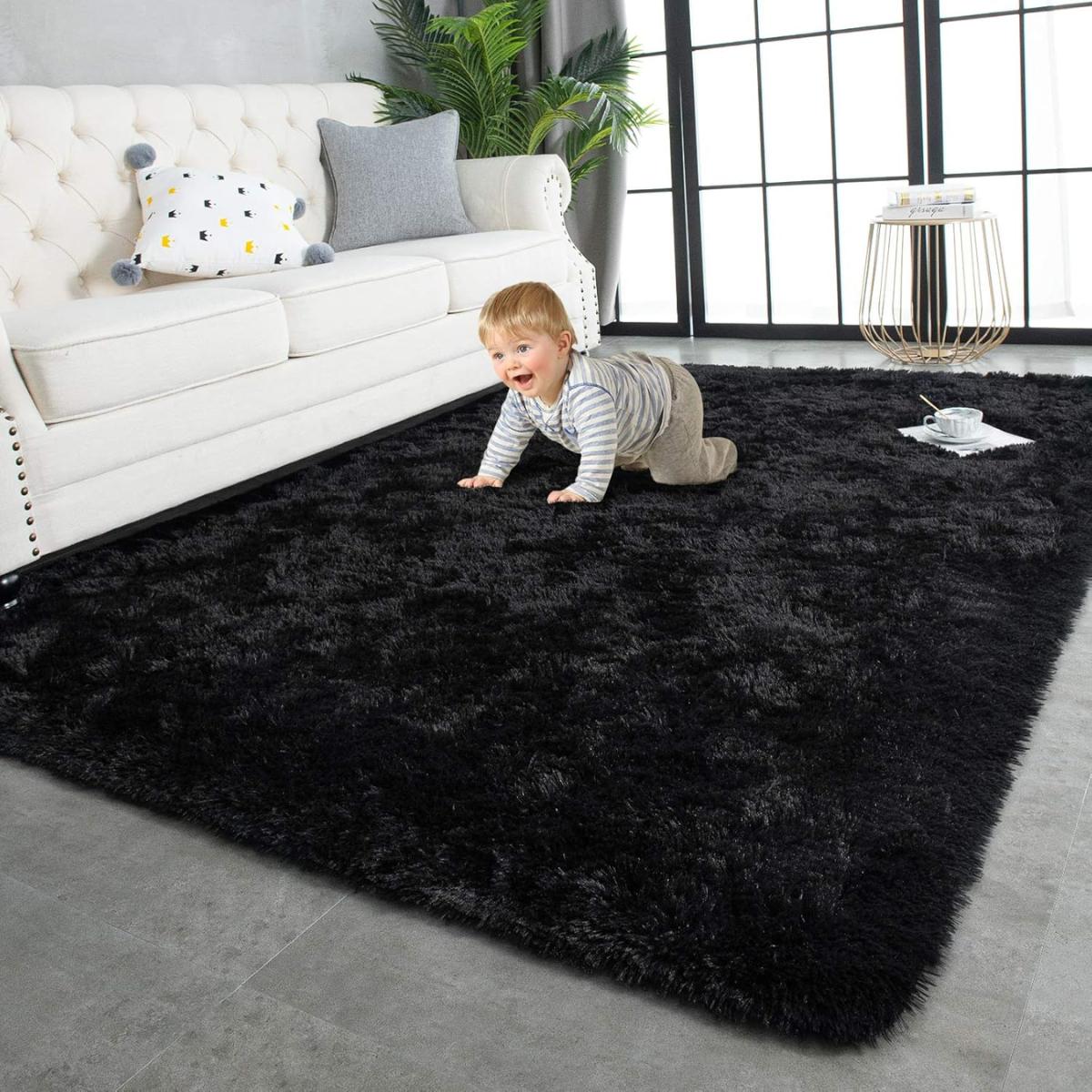 Super Soft Shaggy Rugs Fluffy Carpets, 4x5.9 Feet, Indoor Modern Plush Area Rugs for Living Room Bedroom Kids Room Nursery Home Decor, Upgrade Anti-Skid Rectangular Fuzzy Rug, Black