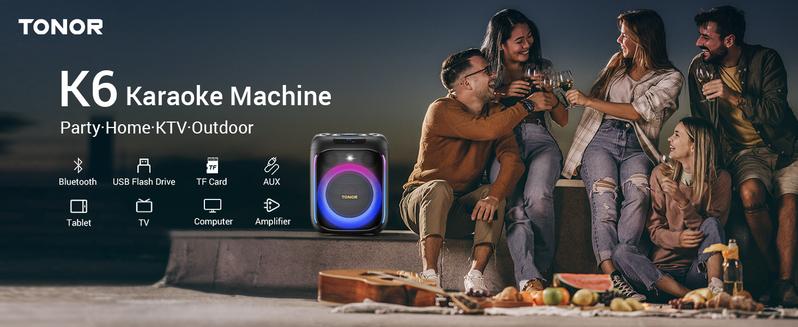 TONOR K6 Karaoke Machine for Adults, Portable Bluetooth Singing PA Speaker System with 2 Wireless Microphones and RGB LED Lights, Supports BT/AUX/USB/TF Card for Party, Home Karaoke, Outdoor/Indoor
