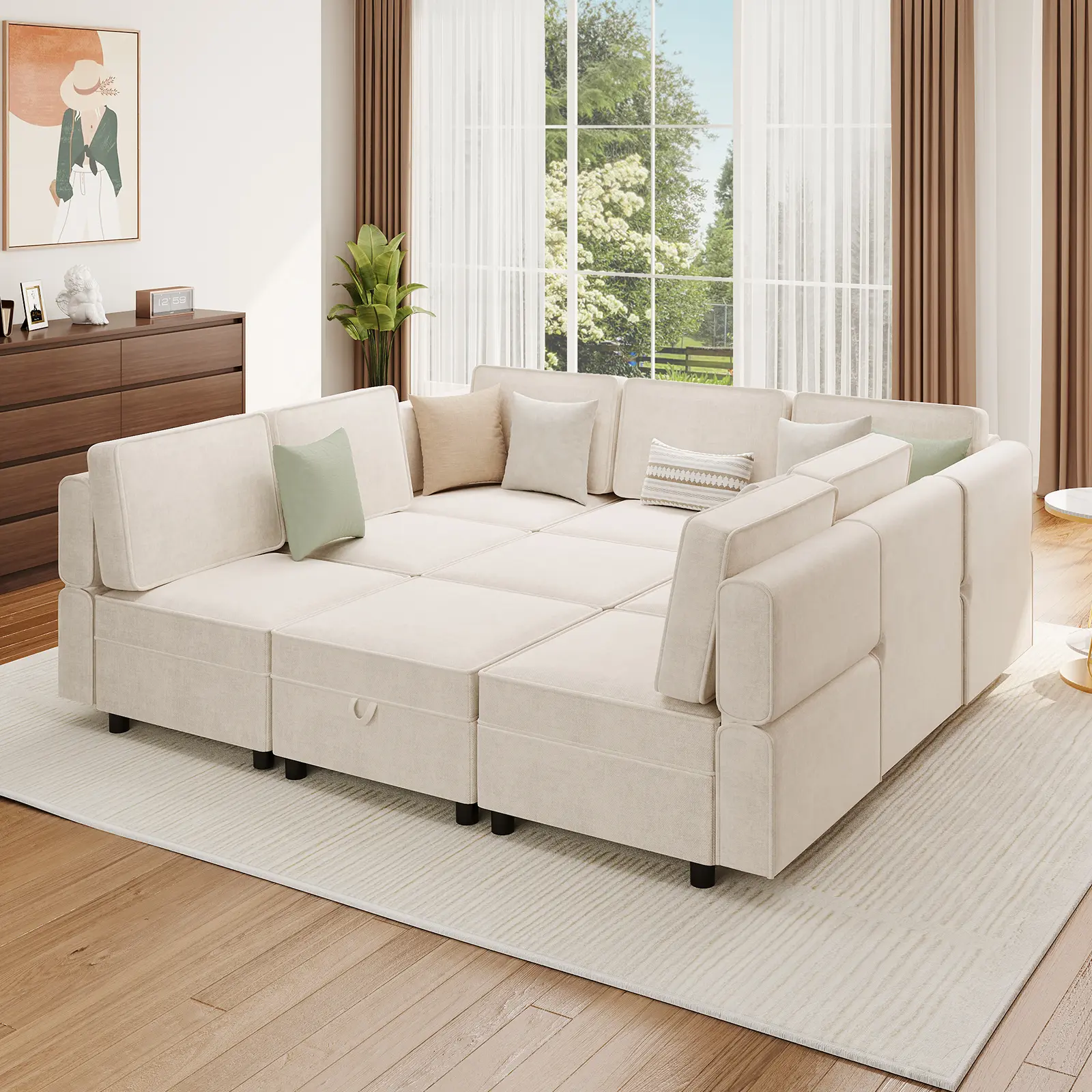 Modular Sectional 9-Seat Sofa, L Shaped Sectional Couch with Removable Storage Ottoman, Convertible Sleeper Sofa Suitable for Living Room, Bedroom, and Apartments, Beige(10 Packages)