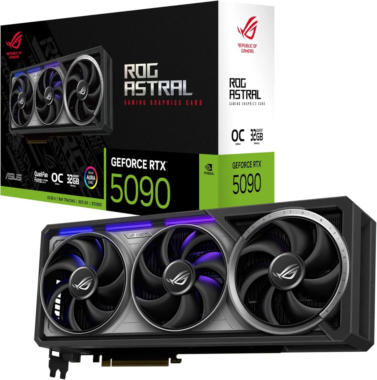 ASUS ROG Astral GeForce RTX™ 5090 OC Edition Graphics Card, NVIDIA (PCIe® 5.0, 32GB GDDR7, HDMI®/DP 2.1, 3.8-Slot, 4-Fan Design, Axial-tech Fans, Patented Vapor Chamber, Phase-Change GPU Thermal Pad)