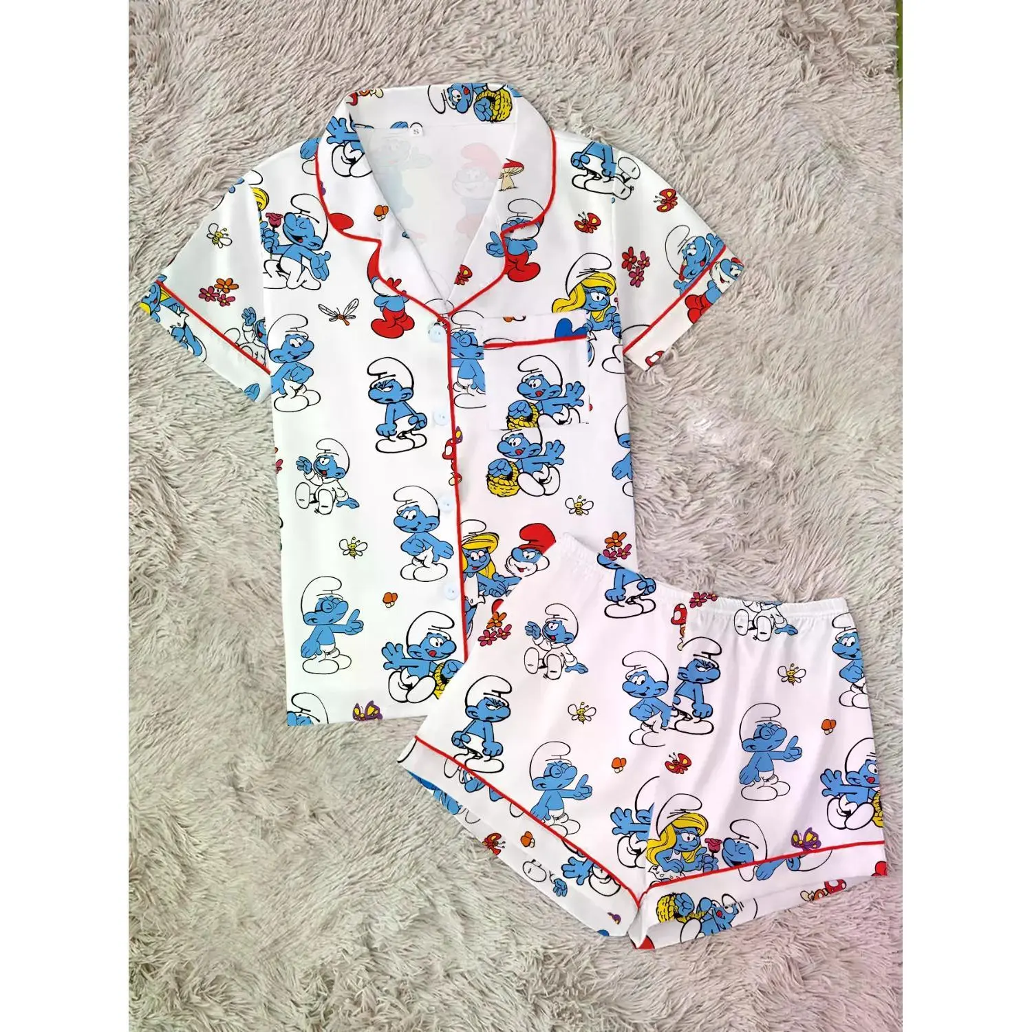 Vintage 80s Cartoon Pajama Set | Adorable Blue Elf Print Sleepwear | Soft Short Sleeve Button-Down Loungewear with Red Piping | Kidcore Summer PJ Set