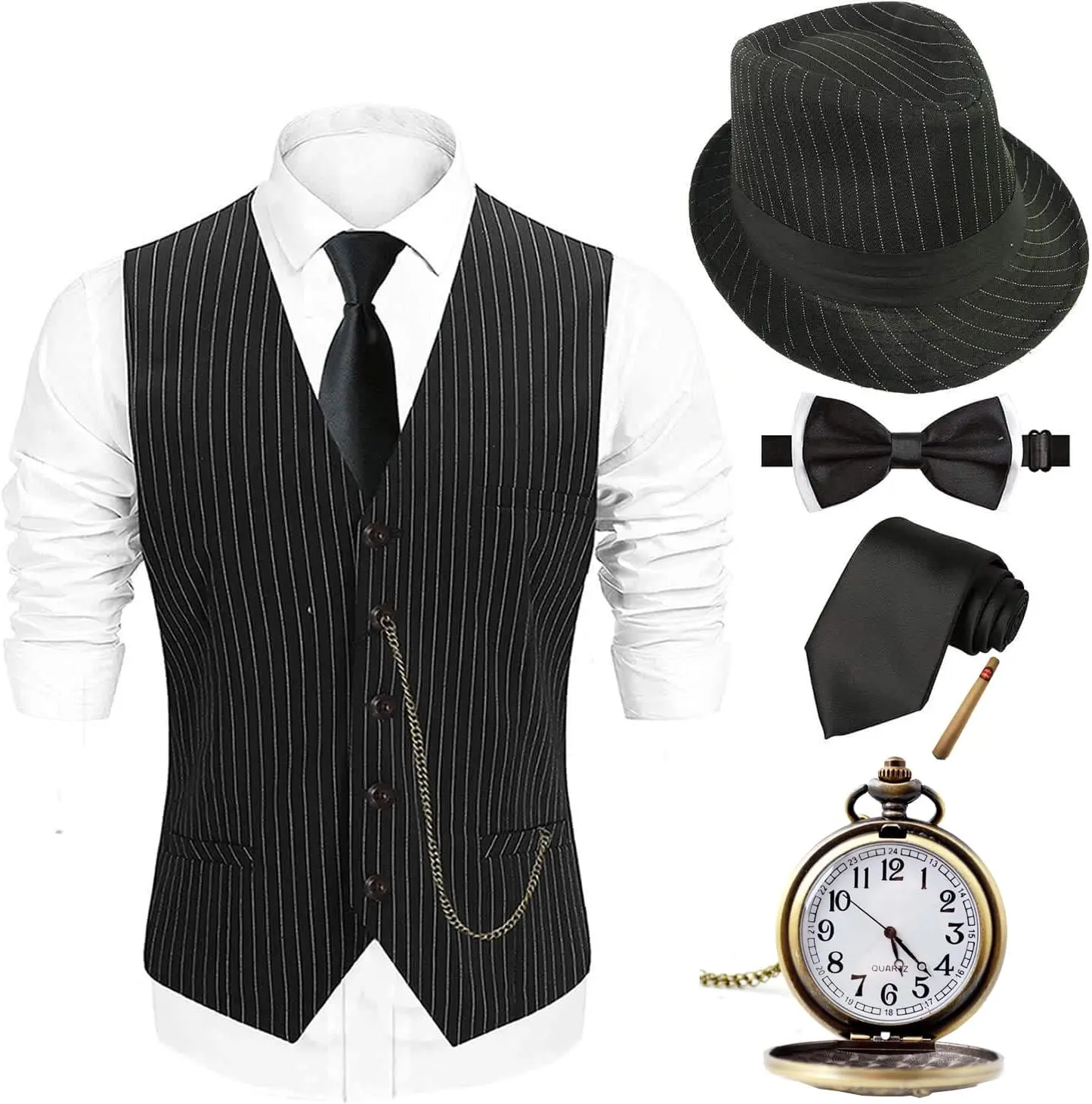 Men's 1920s Gatsby Gangster Costume Set - Vintage Round Neck Vest, Pre-Tied Bow Tie, Pocket Watch for Halloween, Cosplay, Carnival, Balls