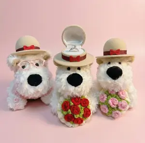 West Highland Dog Plush Ring Box with Recording Function Cute Stuffed Doll for Valentine’s Day Proposal and Romantic Gift Adorable Dog Character Wearing Hat Hidden Ring Box Personal Message