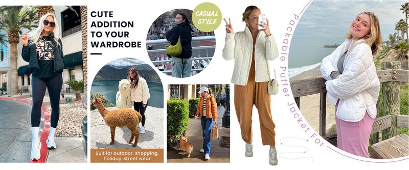 Naeduo Women's Oversized Quilted Lightweight Puffer Jacket Casual Padded Coat Long Sleeve Collared Khaki Outerwear Basic Everyday Wear