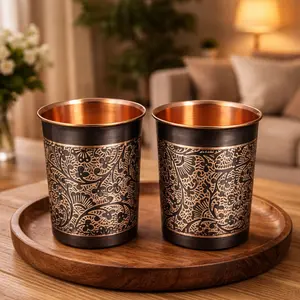 Handcrafted Copper Tumblers: Floral Engraved Moscow Mule Mugs, Set of 2