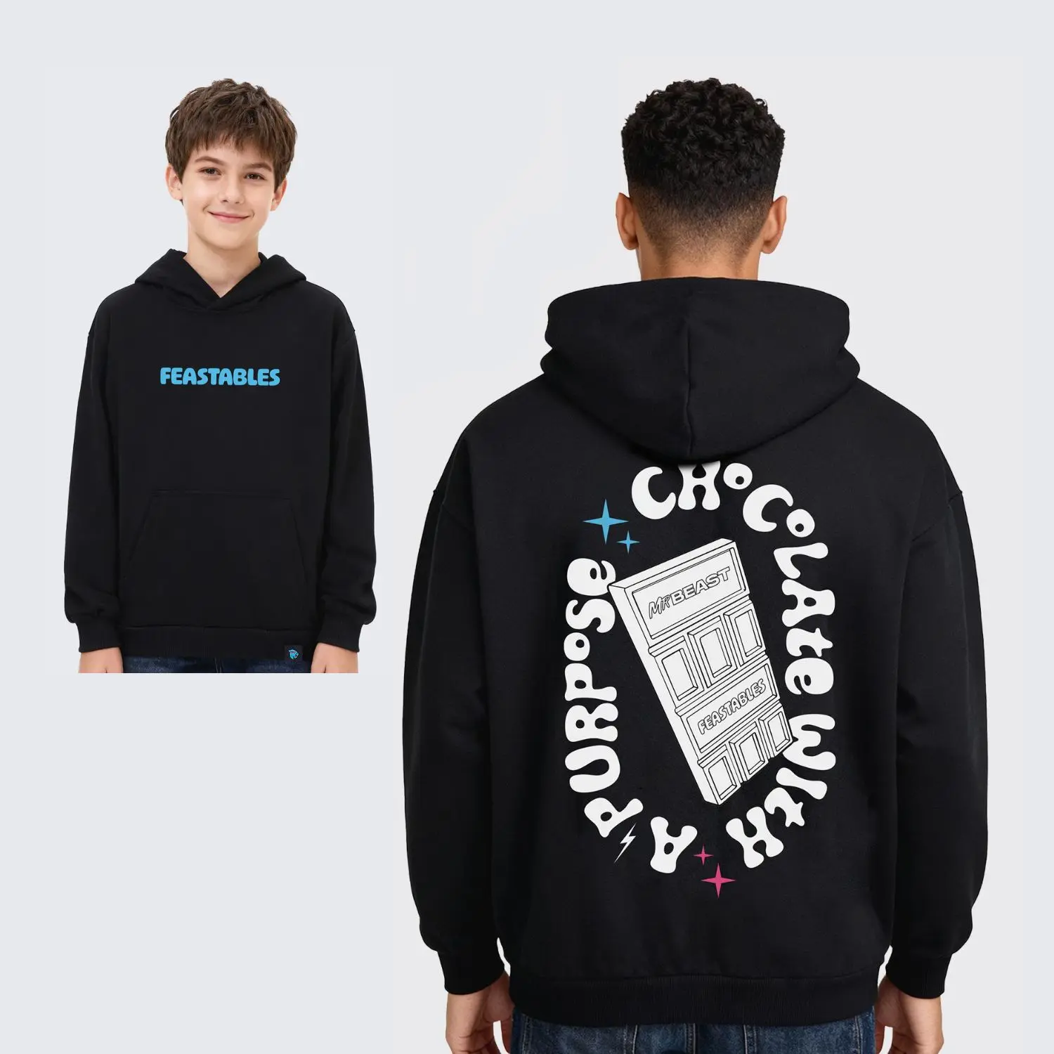 Feastables by MrBeast Retro Hoodie (2 Fits) - Premium Black Graphic Print Long Sleeve Sweatshirt Pullover Hoodie Casual Relaxed Fit