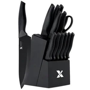 XANAPON Knife Set, 14-Piece Kitchen Knife Set with Block, Dishwasher Safe, Extremely sharp blade & ergonomic handle, Black