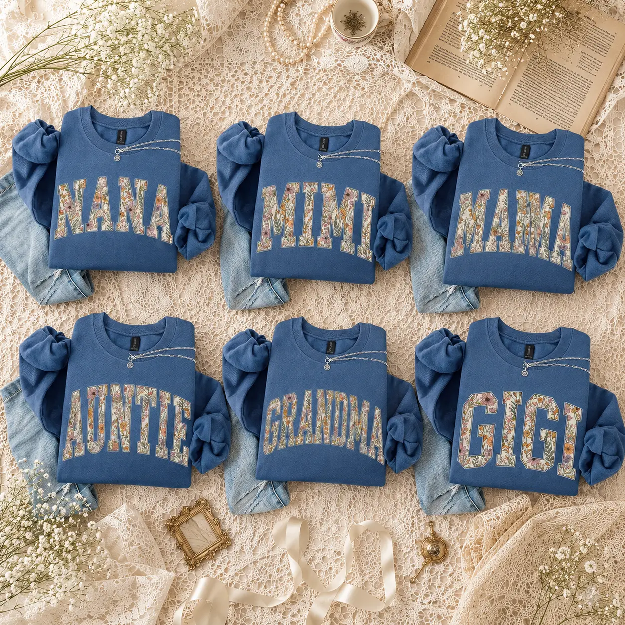 Personalized Nana Mama Mimi Auntie Grandma Gigi Sweatshirt, Custom Family Name Crewneck, Floral Varsity Letter Sweatshirt, Matching Family Gift, Mother's Day Gift - DPCLICK