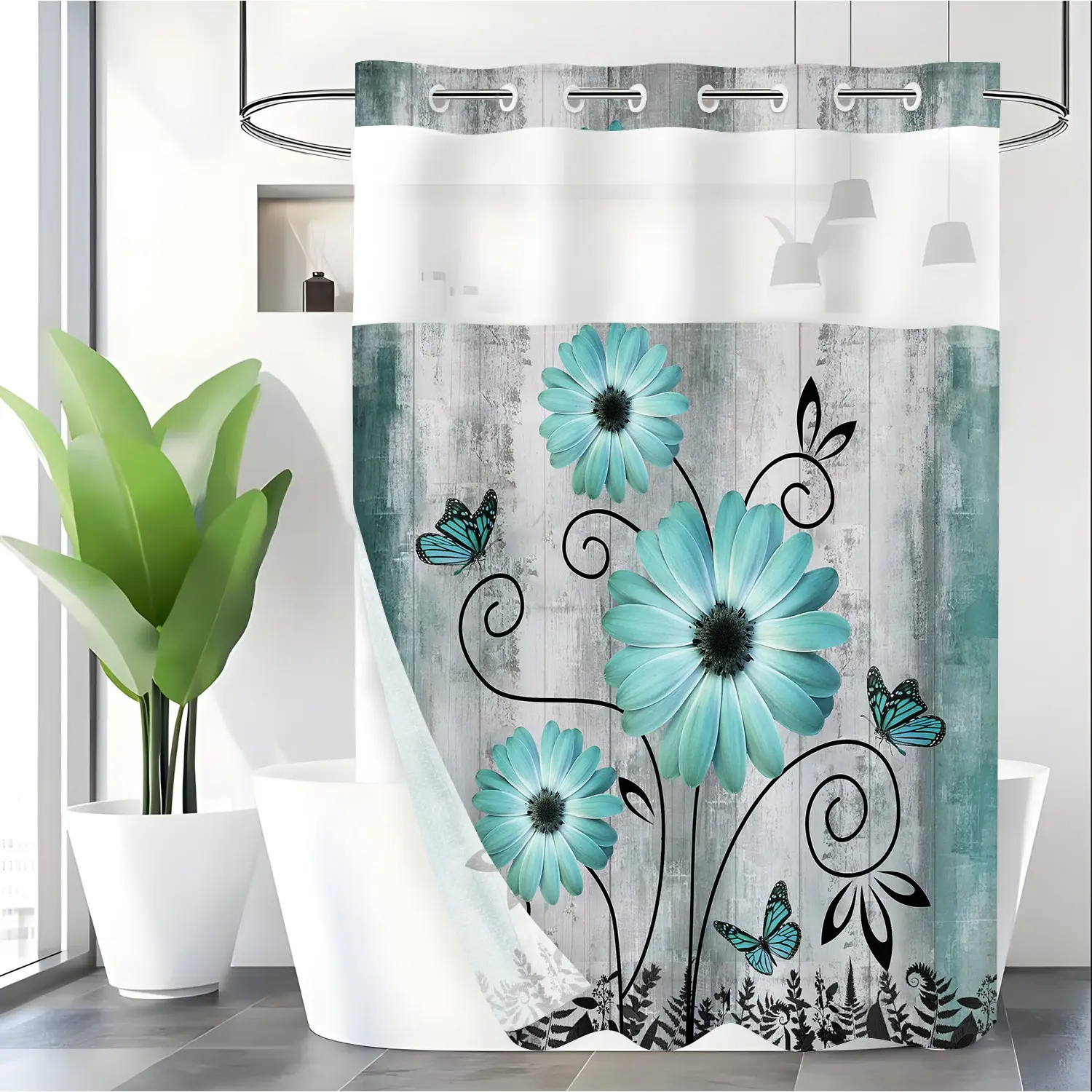 LVRLVR 1pc Rustic Teal Daisy Butterfly Flower Pretty Bathroom Shower Curtain with Sheer Top Window, Detachable Liner & No Hook C-Ring, 70.8" x 74"