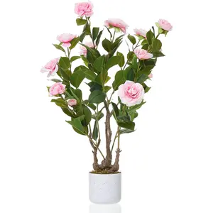 2.5FT Artificial Camellia Tree, Realistic Faux Pink Plants with 16 Bloomings, Sturdy White Pot, 30" Faux Flowers Potted Plant Trees for Living Room