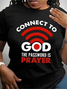 1pc Women's Bohemian Casual Short Sleeve T-Shirt - "Connect to God - The Password is Prayer" Inspirational Print, Breathable Knit Fabric, Black with Red/White Lettering, All-Season Comfort, Machine Washable Top for Casual Attire & Holiday Gifts
