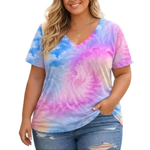 Womens Plus Size Tops Tie Dye Casual V Neck Summer Short Sleeve Loose Fit Shirts XL-5XL