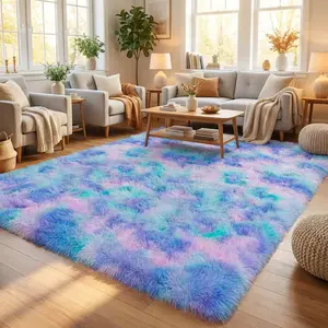 XEXSIN Living Room Rugs, Plush Thick Carpets for Girls Room, Modern Soft Shag Area Rug for Bedroom, Non Slip, Large Indoor Carpet for Nursery Dorms Home Decor Aesthetic, Blue  Rainbow