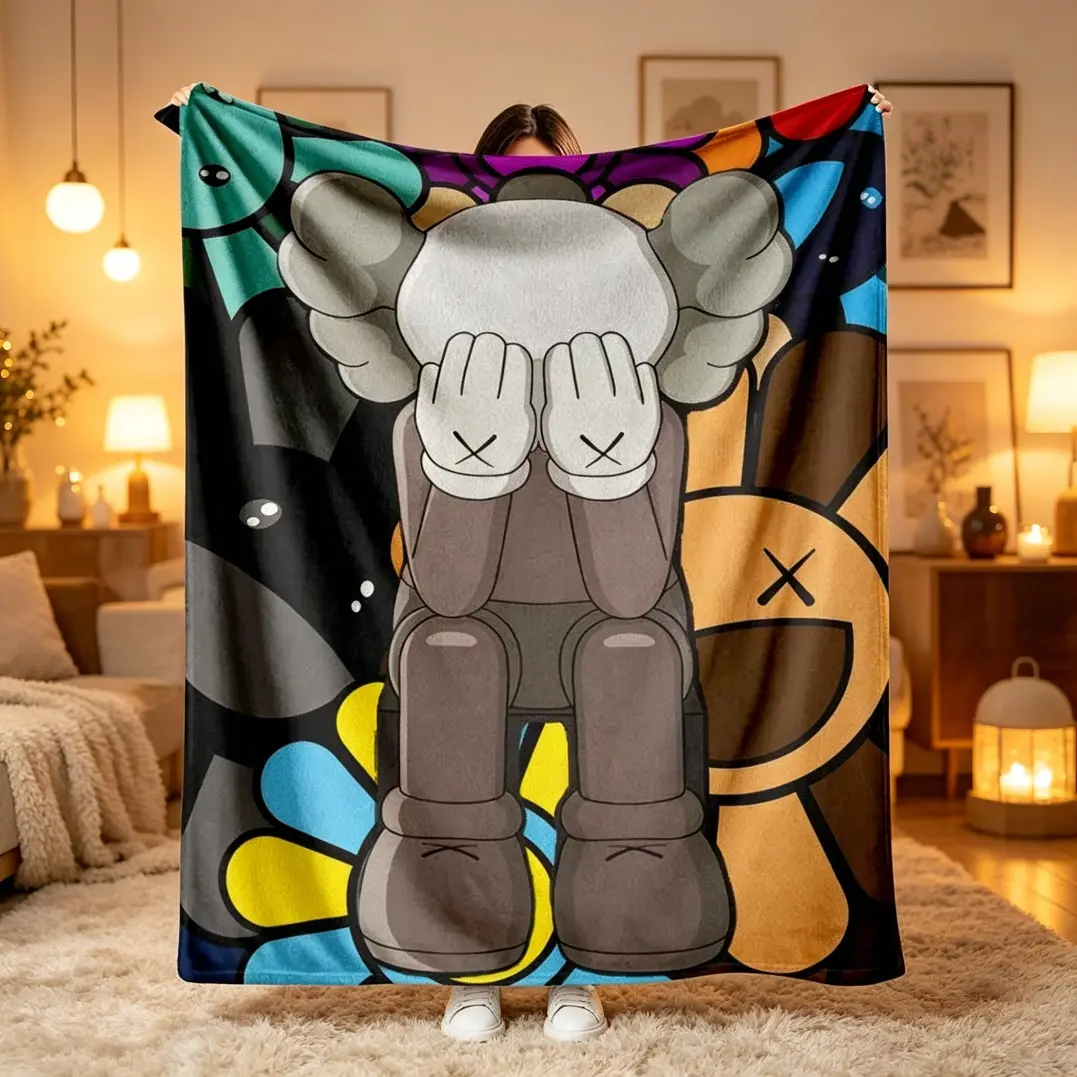 KAWS Style Flannel Blanket Murakami Inspired Floral Print – Soft Warm Lightweight Cozy Throw Anti-Pilling for Sofa Bedroom Dorm Home Decor | Birthday & Holiday Gift for Art Lovers