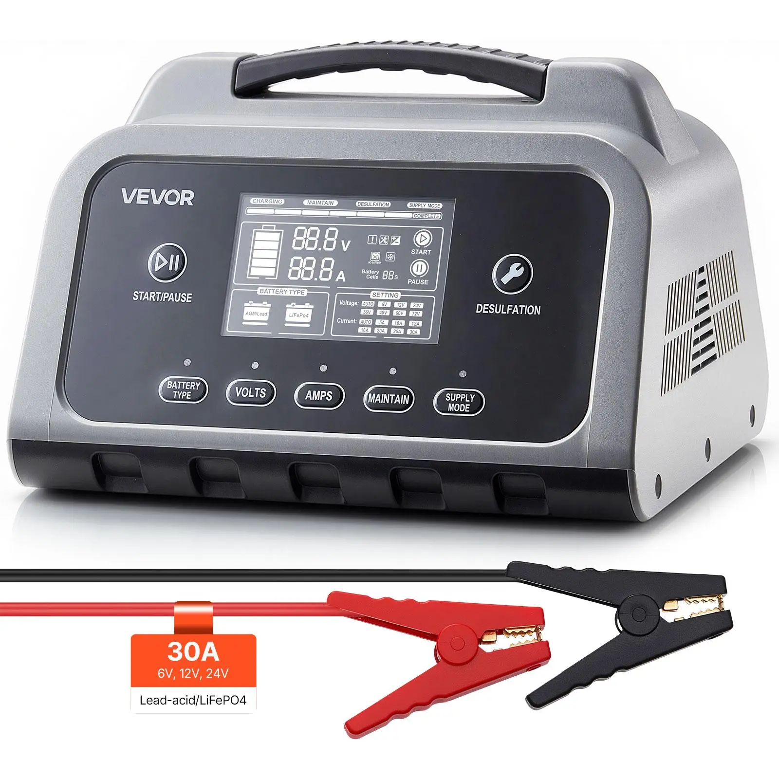 VEVOR 30A 6V/12V/24V Smart Battery Charger with 3.1" Real-Time LCD Status Display, Trickle Charger Maintainer Desulfator for LiFePO4, Lead-Acid (Gel/AGM) Batteries, Vehicle, Ride-On Vehicle, RVs, Compact Lawn Mowers, Motorcycle