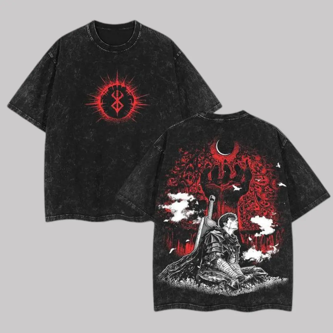 Guts "Black Swordsman" – Berserk Vintage-Washed Double-Sided Graphic Oversized Heavyweight Cotton T-Shirt, Unisex Manga Tee, Gifts For Anime Fans