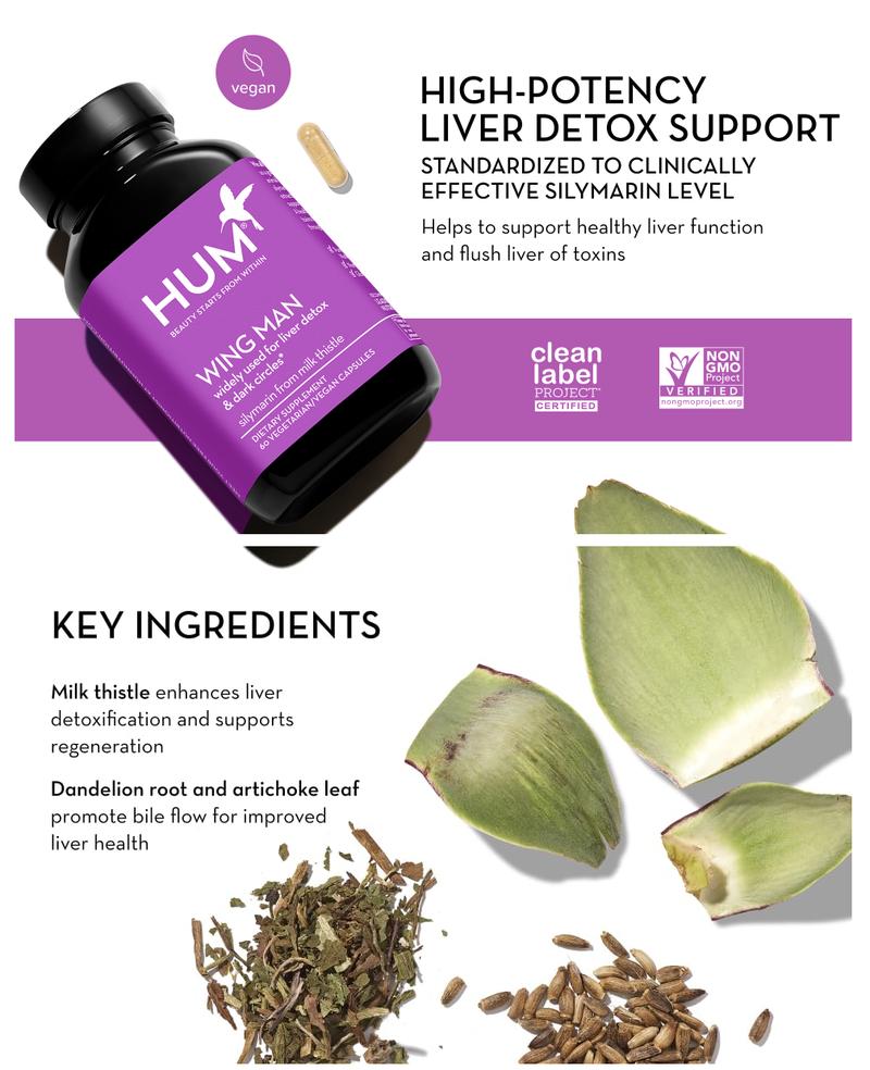 HUM Wing Man - Liver Detox Supplement & Liver Support with Milk Thistle, Dandelion Root Powder & Artichoke Leaf Extract, Helps Rid Liver of Toxins (60 Veggie Caps)
