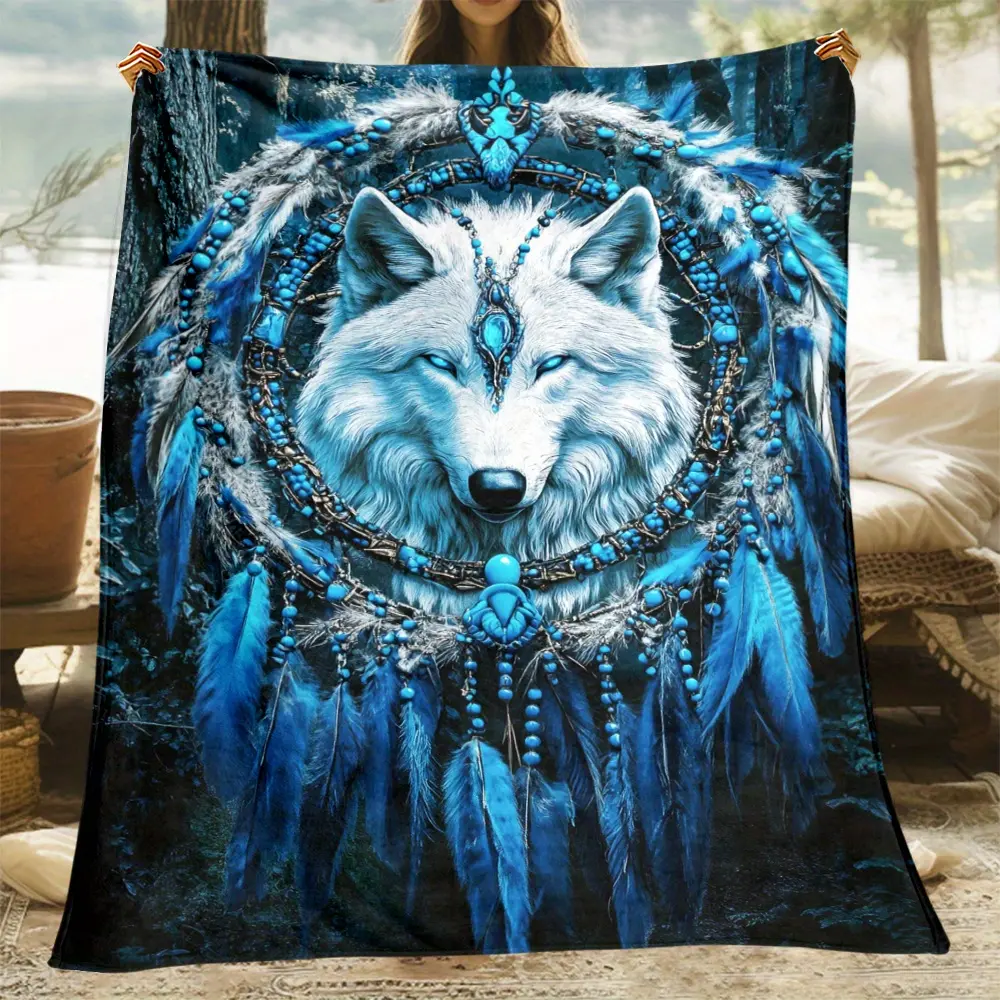Spiritual White Wolf & Blue Dreamcatcher Print Throw Blanket, Mystical Tribal Themed Cozy Blanket, Soft Fluffy Lightweight Blanket for All Seasons, Anti-Pilling Washable Decorative Blanket