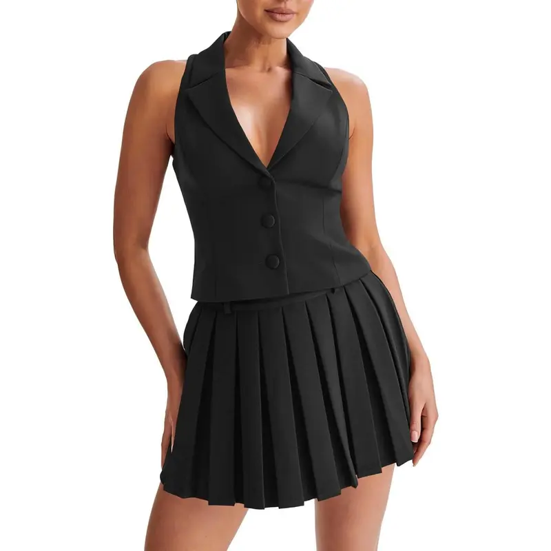 Imily Bela Womens Summer 2 Piece Outfits V Neck Blazer Vest Matching Sets and Mini Pleated Skirts