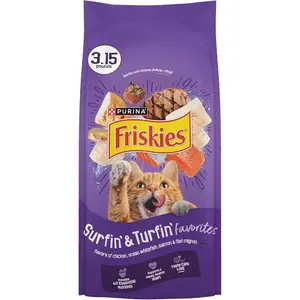 Purina Friskies Cat Food Surfin and Turfin Favorites Flavors of Chicken, Whitefish, Salmon and Filet Mignon - (Pack of 4) 3.15 lb. Bags