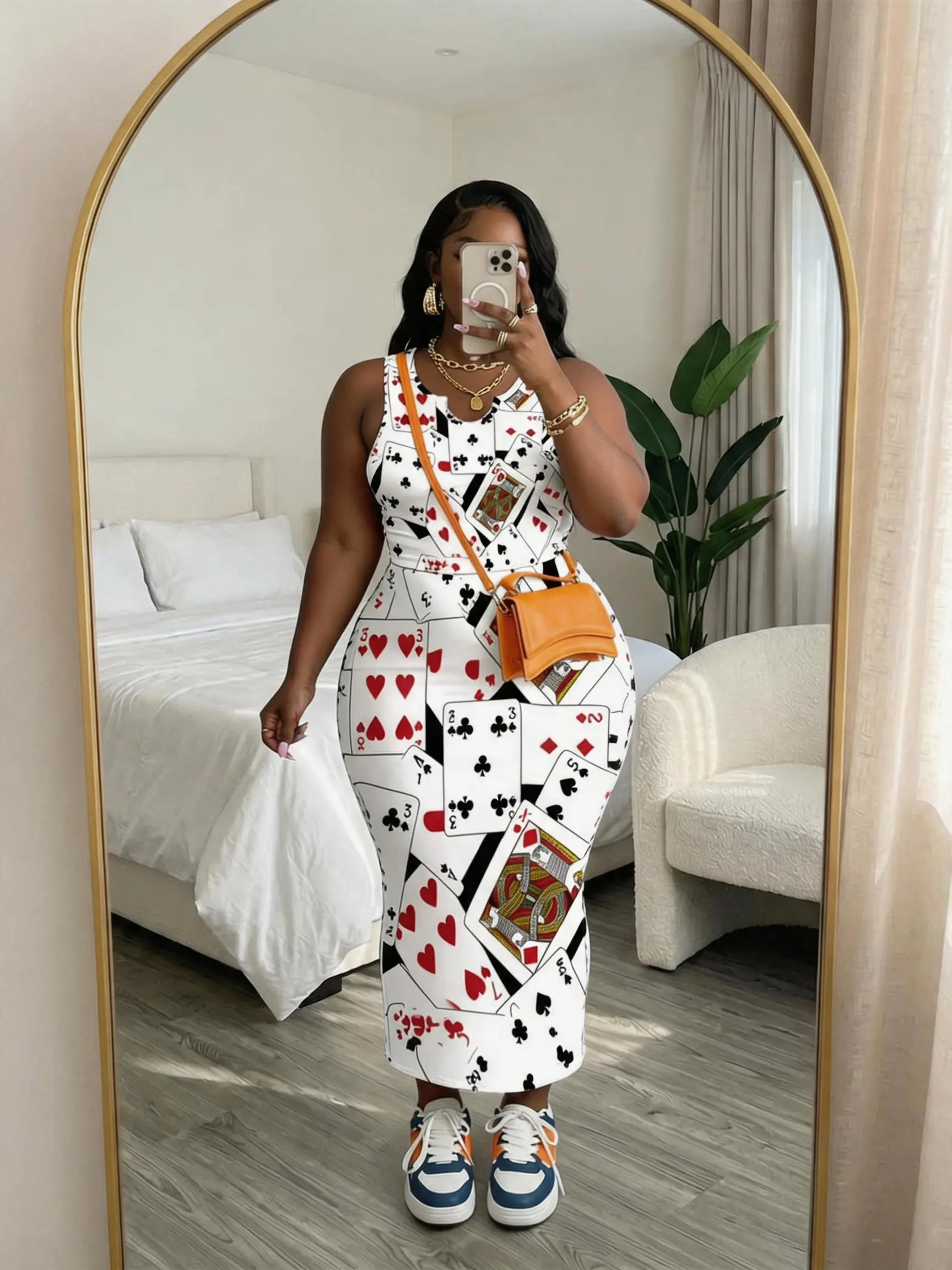 Women's Plus-Size (3xl,4xl,8xl) 2-Piece Poker Print Skirt Set - Sleeveless V-Neck Top & Fitted Stretch Midi Skirt, Chic Sexy Casual Party Outfit, Polyester Clothes